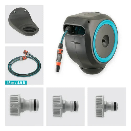 GardenPro - Mangueira Externa Com Enrolador Retrátil, trava e Suporte Giratório 180