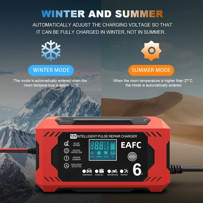 Carregador de Bateria 12V Inteligente para Carros e Motos com Visor LCD