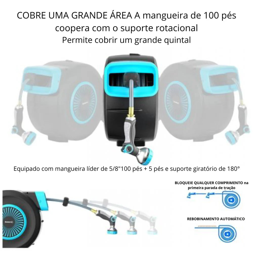 GardenPro - Mangueira Externa Com Enrolador Retrátil, trava e Suporte Giratório 180